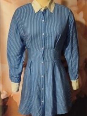 Lily Rose Striped Blue Button-Front Shirt Dress with Cream Collar